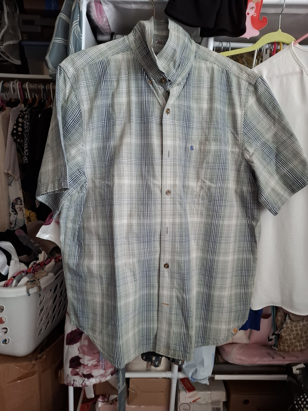 Carhartt Men's Short-Sleeve Gray Plaid Button-Down Shirt
